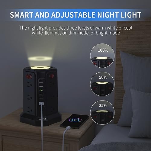 PASSUS Surge Protector Power Strip with 5 USB Ports and Night Light - color: Black-BZX-10ft