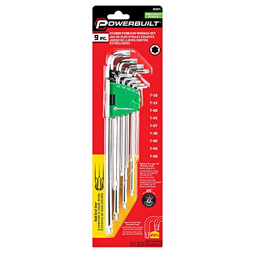Powerbuilt 9 Piece Star Stubby Long Arm Ball End Hex Key Wrench Set, Allen Hex Key Wrench, Extra Long Arm, Ball End, size T10 to T50-240101 - style: Star