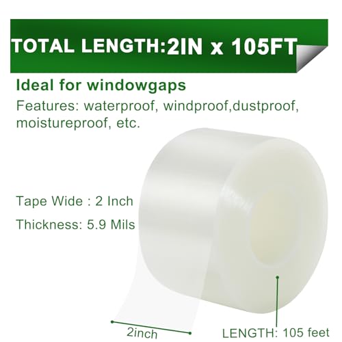 Qoqooice Transparent Window Weather Sealing Tape 2 in x 35 Yards Weather Stripping Residue Free Clear Window Draft Isolation Sealing Film Tape for Windows and Doors Gaps - size: 2 In * 35 Yards Clear