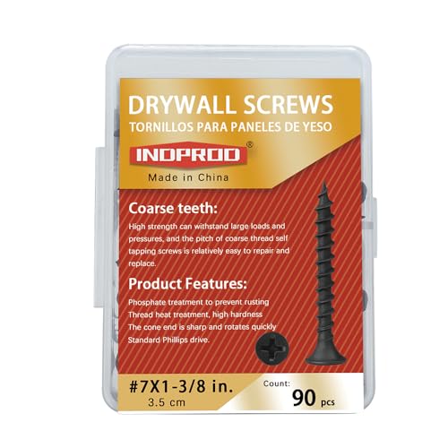#7 x 1-3/8" Phillips Bugle Head Coarse Thread Sharp Point Drywall Screw, Self Tapping Wood Screws with Black Phosphate Coated, Ideal Screw for Drywall, Wood and Sheetrock, 90 Pieces - size: #7 x 1-3/8-Inch