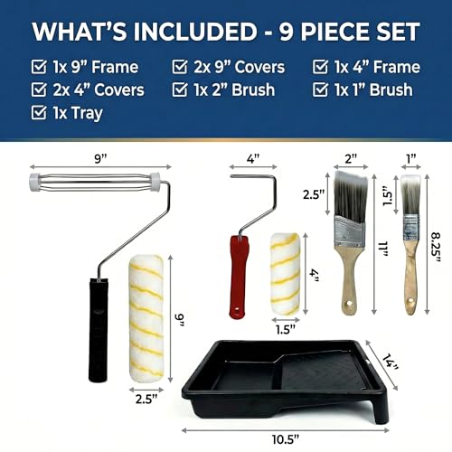 Paint Roller Kit 9 Piece, Paint Rollers, Brushes & Paint Tray, House Painting Supplies, High Absorbency, Washable, Reusable & Easy to Clean