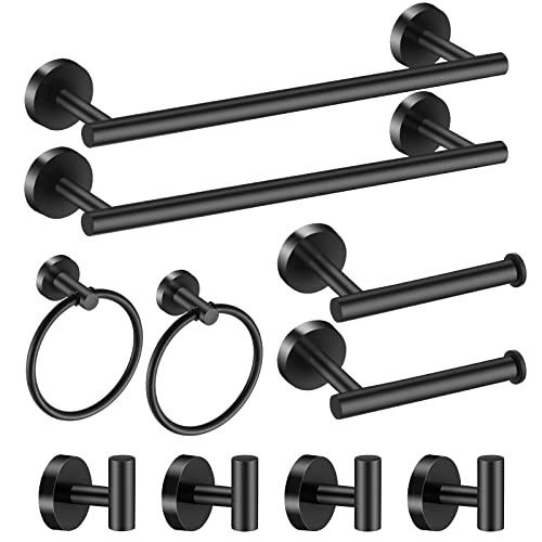 Bathroom Hardware Set Black 10 Pieces, Towel Bar Set Matte Black Stainless Steel Towel Rack Set Includes 2PCS 16'' Towel bar, 4PCS Towel Hooks, 2PCS Toilet Paper Holder and 2PCS Towel Ring - color: Black-10pcs-16inch