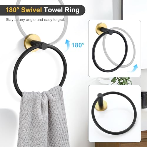 TQKAG Black and Gold Bathroom Hardware Set, 6-Piece Towel Bar Set 23.6 Inch - color: Black+gold, size: 6-Pieces Set