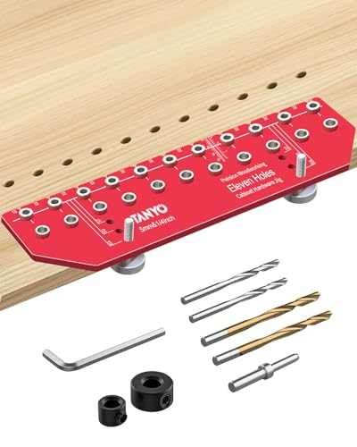 TANYO 11-Hole Shelf Pin Jig, 1/4" & 5mm Drill Bits, Cabinet Hardware | ﻿Aluminum Shelf Jig, Self-contained Clamping Function, Cabinet Hardware Jig Woodworking Tool Drill Guide - color: Scarlet, size: 11 Hole