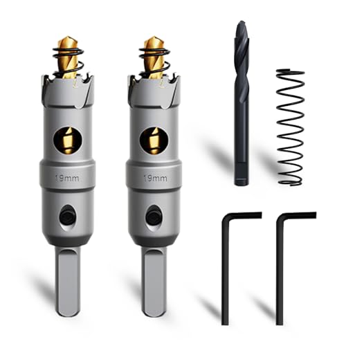 Metal Hole Saw 3/4''(19mm) 2Pcs Set Heavy Duty Tungsten Carbide Tipped Hole Cutters Set with a nitrided Step Drill and L-flench, for Steel Iron,Aluminum,Stainless stell,Plastic - size: 3/4''(19mm)-2PCS