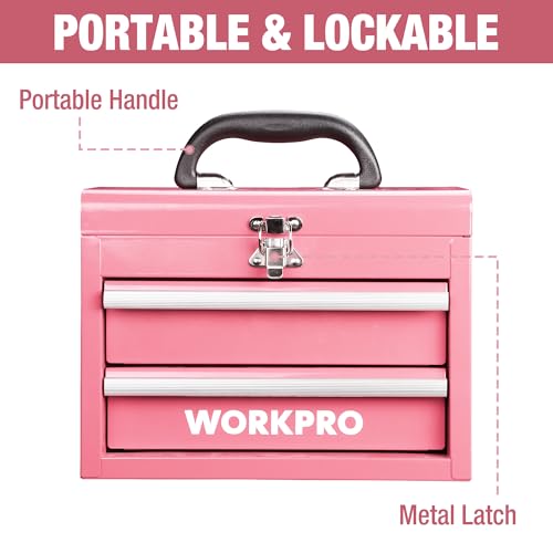WORKPRO Portable Mini Metal Tool Box with 2 Drawers - color: Pink
