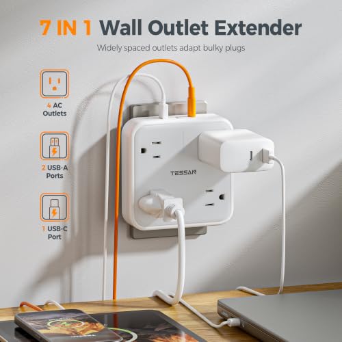 TESSAN Multi Plug Outlet Extender, Surge Protector Outlet 3 USB (1 USB C) | Wall Charger, Multiple Outlet Wall Plug, USB Outlet Splitter for Home, Bathroom, Office, Dorm Room Essentials, Gray - style: 1 USB C