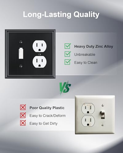 2-Pack Zinc Alloy Combo Toggle/Duplex Light Switch Cover Plate - color: Black, size: 1 Toggle/1 Duplex 2PK