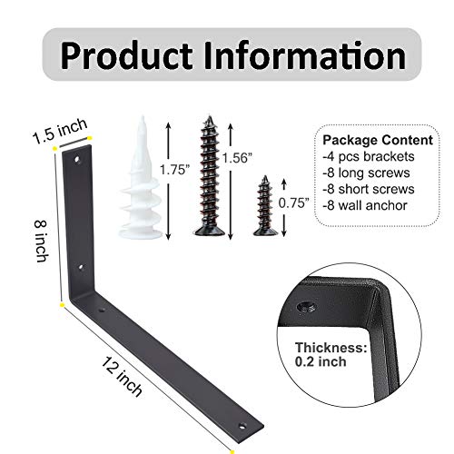 Shelf Brackets 12 Inch Wall L Brackets 4PCS Heavy Duty for Shelves Metal Black Rustic Industrial Brackets for DIY Opening Shelves Project Hardware Included - size: 12 Inch, style: Black-4 Pack