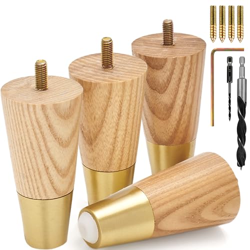 Airy Abode Premium Ash Wood Furniture Legs with Gold Caps (Full Install Kit) - Pick Your Size and Color - color: Ash / Gold, size: 4 Inches