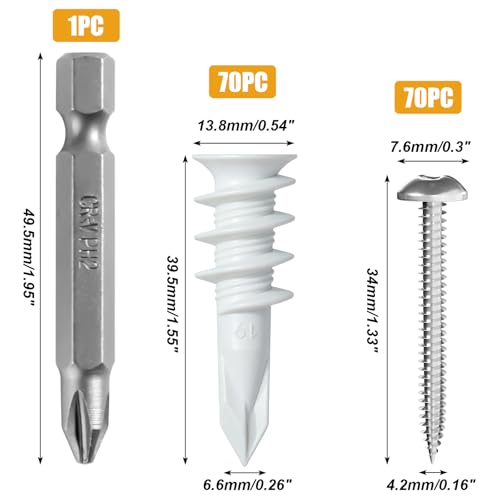 KURUI 140Pcs #8 Self Drilling Drywall Anchors and Screws Kit, No Drill Hole