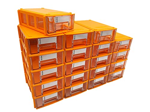 Stackable Storage Drawers Set of 20 with Dividers and Paper Labels - color: Orange