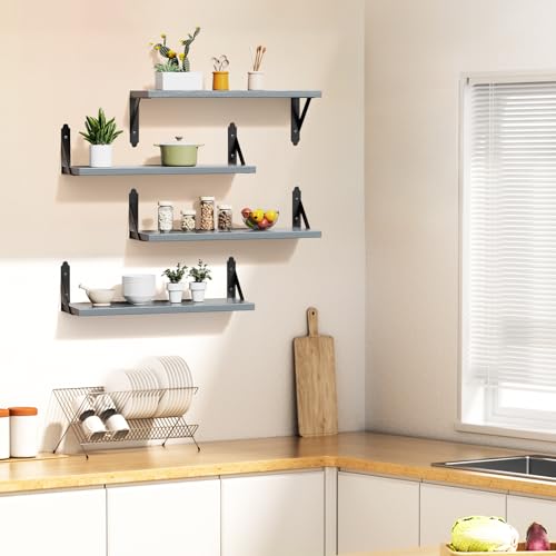 ROMGUAR CRAFT Wood Wall Floating Shelves Set of 4, 17" x 6" - Grey - color: Grey, size: 17" x 6"