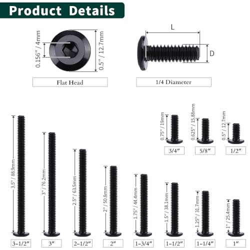 1/4-20 x 2 Black Hex Socket Head Cap Screws, 304 Stainless Steel 18-8, Furniture Bolts, Connector Screws, Black Coated, Full Thread, 25 PCS - size: 1/4-20 x 2"