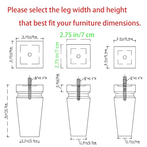 Unfinished Oak Sofa Legs - Heavy Duty Mid Century Solid Wood Replacement Furniture Legs Set of 4 for Couch, Table, Bench, Bed, Dresser, Chair - with Installation Hardware (Natural 6"H*2.75"W) - color: Plain Wood Color, size: 6"H*2.75"W