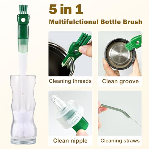 XYFuuee 5 Pack Bottle Brush Set, 5 in 1 Water Bottle Cleaning Brush, Long Handle Narrow Cup Cleaner, 3 Straw Brushes for Stanley, Travel Nipple Detail Washer Brush for Wine Lid Gap (#2 Green) - color: #2 Green