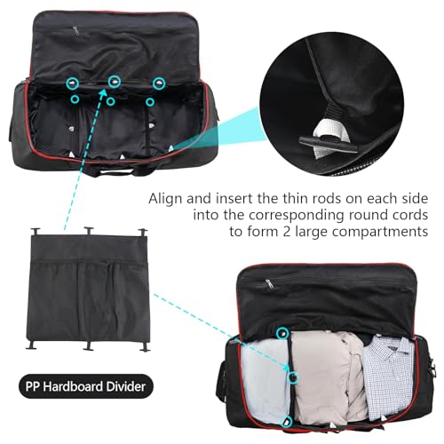 110L Expandable to 140L 32” Foldable Oxford Soft-Sided Rolling Duffle Bag with 2 Heavy-Duty Wheels,2 Large Compartments,Adjustable Shoulder Strap and Attached Organizer Pouch,Black Red - color: Black Red