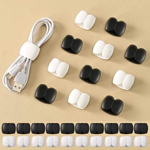 20-Pack Cable Storage and Organizer Clips – Versatile Wire & Charging Cable Management for Travel, Desk, and Home – Secure and Tidy Data Cable Holders – Black+White - color: Black/White