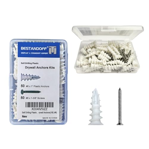 Self Drilling Plastic Drywall Anchors with Screws Assortment Kit 100PCS, 50 Plastic Anchors and 50 Flat Head Screws, Dry Wall Anchors (100, #6) - size: #6