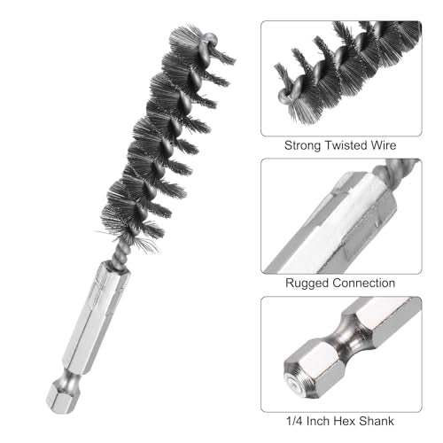 HARFINGTON 6Pcs Stainless Steel Bore Brush 15mm Dia 4" Long Cleaning Twisted Wire Brush with Handle 1/4" Hex Shank for Tubes, Ports, Bearings - size: 15mm