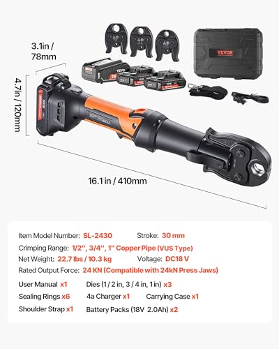 VEVOR Press Tool, 18V Electric Pipe Crimping Tool for 1/2", 3/4", 1" Copper Pipes, 24KN Press Tool Kit Compatible with ProPress - with 3 Press Jaws, 2pcs 18V 2AH Battery, Fast Charger & Carrying Case - size: Compact Size