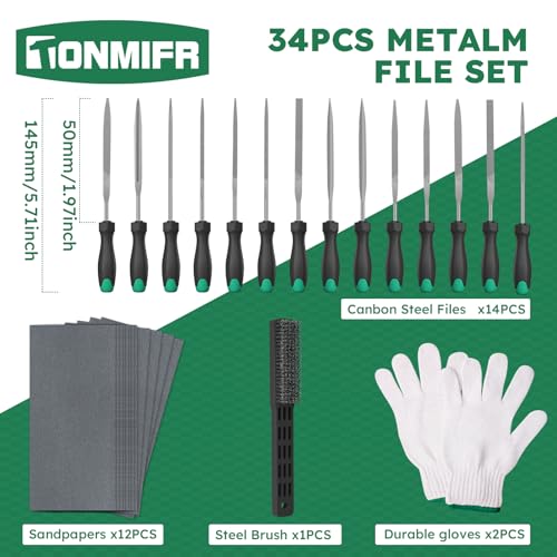 Professional Metal File Set 34Pcs Industrial Grade High Carbon Steel,5 Shapes (Flat/Half Round/Round/Triangle/Square) for Hardened Steel, Metalworking Tools with Storage Case,14 Needle Files