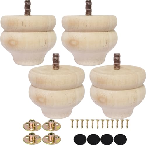 2 Inch Wooden Furniture Legs, Solid Wood Unpainted Replacement Furniture Legs, Cabinet Legs/Desk/Sofa/Bookcase Bun Feet, DIY Wooden Round Legs with Mounting Plate & Screws Set of 4 - size: 2 Inch B