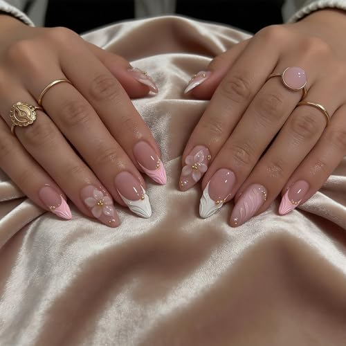24Pcs Press on Nails Almond - Medium French Tip 3d Fake Nails with Embossed Flower Designs, Glossy Finish Reusable False Nails with Glue Tabs - 24Pcs Nail Kit (pink french tip flower) - color: pink french tip flower