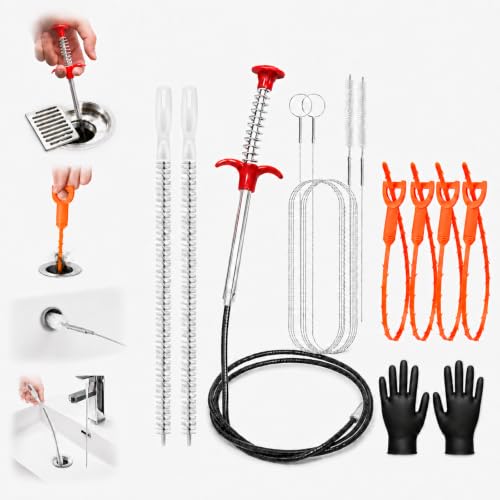 10PCS Drain Snake Kit, 63" Heavy Duty Plumbing Auger, 60" Sink Snake Brush, 20" Clog Remover, 18" Cleaning Brush with Gloves, Pipe Cleaner for Kitchen Sink, Bathtub, Toilet, Sewer Drainage - style: 10SET Light Duty