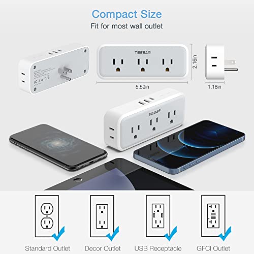 TESSAN Multi Plug Outlet Extender, USB C Wall Charger, Surge Protector,Grey (Pack of 2) - color: Gray, size: 5 Outlets (USB-C) (Pack of 2)