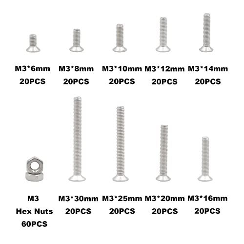 240PCS M3 Stainless Steel Phillips Flat Head Machine Screws Hex Nuts Assortment Kit - size: M3