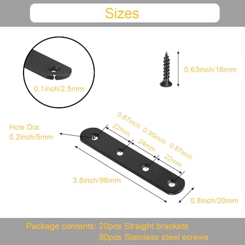 20Pcs Black Straight Brackets Heavy Duty Stainless Steel 4 Inch Straight Brace Flat Mending Plates, Repair Fixing Joining Brackets for Wood Furniture with Screws, CAM-S10020B-20