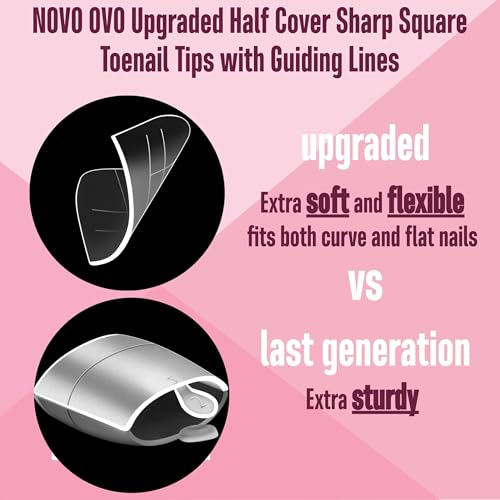 NOVO OVO Upgraded Flexible Half Cover Soft Gel Fake Toe Nail Tips with Auxiliary Line for Toenail Extension, Sharp Square Medium Wide for Men Women Acrylic pedicure in Salon x 15 Sizes 300 Pcs - color: Sharp Square Half Cover Medium