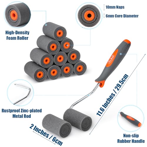 13 Pack 2" High Density Foam Paint Roller Kit for Smooth & Precision Finish | PinStone Caved-in Black Foam Roller, Small Foam Mini Rollers for Painting Walls, Cabinets, Doors, Furniture, Edging, Touch up