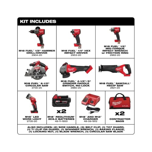 Milwaukee M18 FUEL 18-Volt Lithium-Ion Brushless Cordless Combo Kit with Two 5.0 Ah Batteries, 1 Charger, 2 Tool Bags (7-Tool)