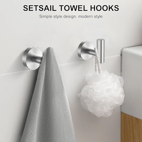 SetSail Towel Hooks for Bathrooms Screw-in 4 Packs Brushed Nickel Bathroom Towel Hook Wall Mounted Stainless Steel Shower Towel Hooks for Coat Hanging, Drill Hole - color: Silver