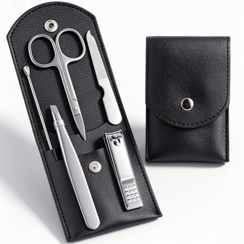 HANTEKAS Travel Manicure Set Professional Nail Clipper Kit-5 Pieces Stainless Steel Manicure Kit, Women Men Grooming kit With Nail Care Tools Beauty Scissors Tweezers (Silver Black) - color: Black