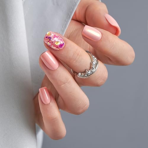 CurvLife Short Glitter Press On Nails, Shimmery Peach Pink, Soft Gel - color: Shimmery Peach Nails