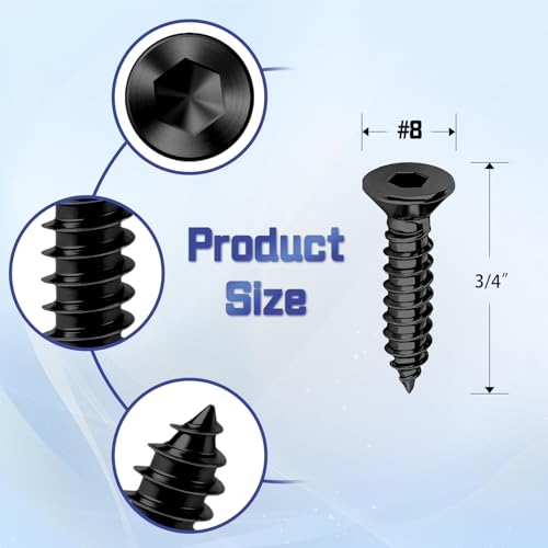 150-Piece #8 x 3/4" Flat Head Hex Socket Self Tapping Screws - Black Zinc Plated Steel, Countersunk Wood Screws with Drive Bit, for Woodworking & Furniture Repair - size: #8 x 3/4"