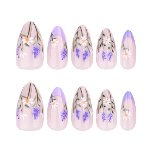 Press On Nails Spring Summer Acrylic Nails for Women - Lavender Designer Fake Nails Short Almond 24PCS, Glossy Soft Gel with Glue, Outdoor Picnic/Wedding/Party Reusable Stick On Nails Gift - color: 3760-Lavender, size: 24 Pieces (Pack of 1)