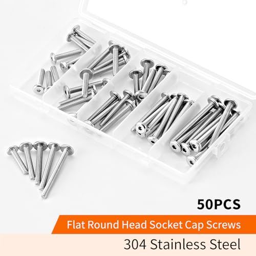 M4 x 20mm 25mm 30mm 35mm 40mm Flat Round Head Hex Socket Cap Screws Bolts, Furniture Screws, 304 Stainless Steel, Allen Hex Drive, Bright Finish, Metric Fully Threaded, Assortment Kit 50PCS - size: M4 x 20/25/30/35/40mm (50PCS)