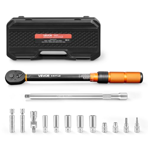 VEVOR Torque Wrench 3/8-inch Drive Click Torque Wrench Dual Scale Readings, 5-45 lbf-ft / 6.8-61.2 N.m, ±3% High Precision, with Spark Plug Sockets, Bits, Universal Joint, Extension Bar, Storage Case - size: 3/8" 14 PCS
