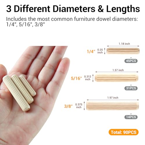 90PCS Wooden Dowel Pins Kit, Wooden Pegs for Furniture - size: 1/4"+5/16"+3/8", 90PCS