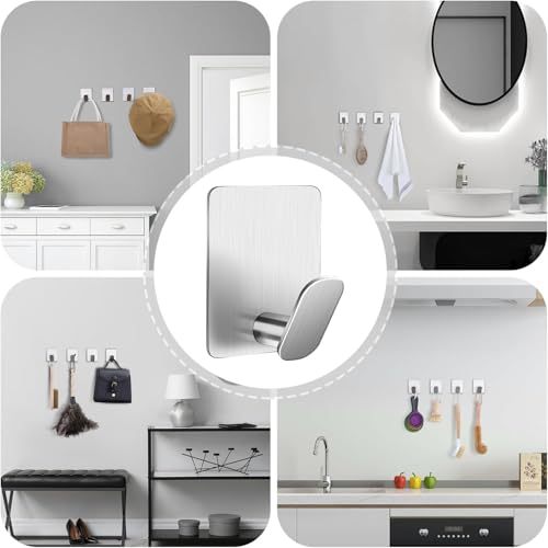 DELITON Sticky Hooks for Hanging Adhesive, Silver Wall Hooks for Bathroom Kitchen Office Stainless Steel Heavy Duty No Damage, Brushed Nickel, 6 Pack - color: Silver-6