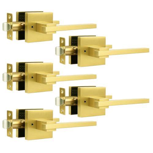 Orger 5 Pack Gold Privacy Door Handles Square Keyless Door Lever, Interior Door Handle for Bathroom and Bedroom, Modern Door Handle Sets Stainless Steel - color: Gold, size: Privacy