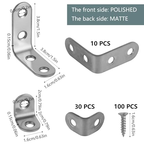 40 Pcs L Bracket Stainless Steel Corner Brace with 100 Pcs Screws, 90 Degree Right Angle Bracket Firmware for Wooden Shelves, Chairs, Tables, Dressers, Furniture (1.57 Inch and 0.79 Inch)