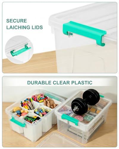 EOENVIVS Clear Storage Boxes with 6 Tall Inserts, Large Plastic Organizer Box with Lid and Handles, 15.94x11.61x7.28 Inches, Multi-Functional Container for Cosmetics, Toys, School Supplies - color: Clear+Light Green