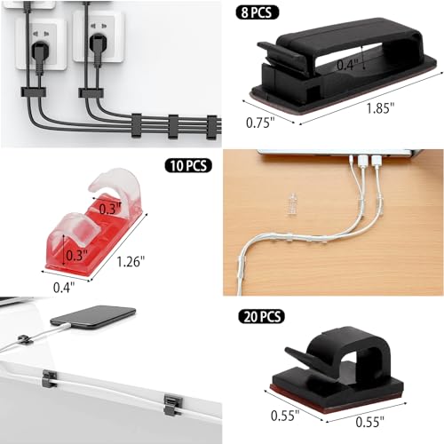 604 Pcs Cable Management Kit, 4 Cord Organizer Sleeve, 7 Cable Holder, 38 Adhesive Cord Clips, 40 Pcs+5 Roll Cable Organizer Straps 200 Cable Ties 300 Cable Wire Clips for PC TV Under Desk