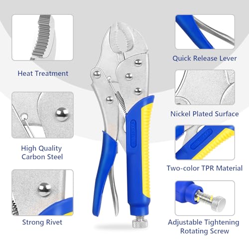 Locking Pliers Set,5"/7"/10" Curved Jaw Vise Grip,6-1/2"and 9-1/2" Needle Nose Vice Grips, 6" C-Clamp for Woodworking, Metal Working and Welding