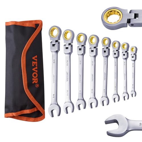 VEVOR Flex-Head Ratcheting Wrench Set, Nickel Plating, 8-piece Flexible Ratcheting Combination Wrench Set with Roll-up Pouch, CR-V, 72 Teeth, SAE 5/16-3/4" - size: 8PCS (SAE), style: Flex-head